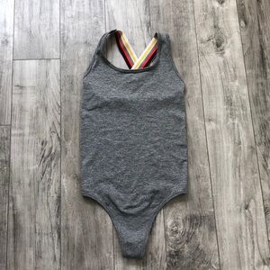 Heather grey bodysuit with rainbow straps